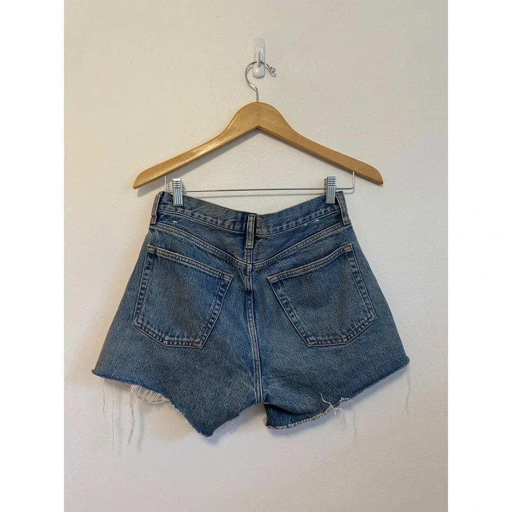 AGOLDE Parker Long High Rise Denim Jean Shorts in Medium Wash Blue | Size 25